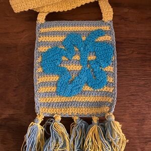 Handmade Crochet Blue and yellow crossbody or shoulder Bag with Tassels